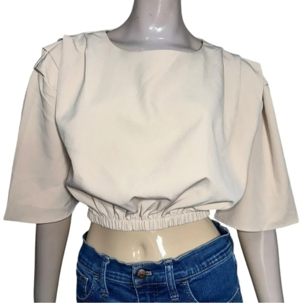Rivir Women’s Size M Tan Nude Dolman Sleeve Elastic Cropped Shirt Blouse